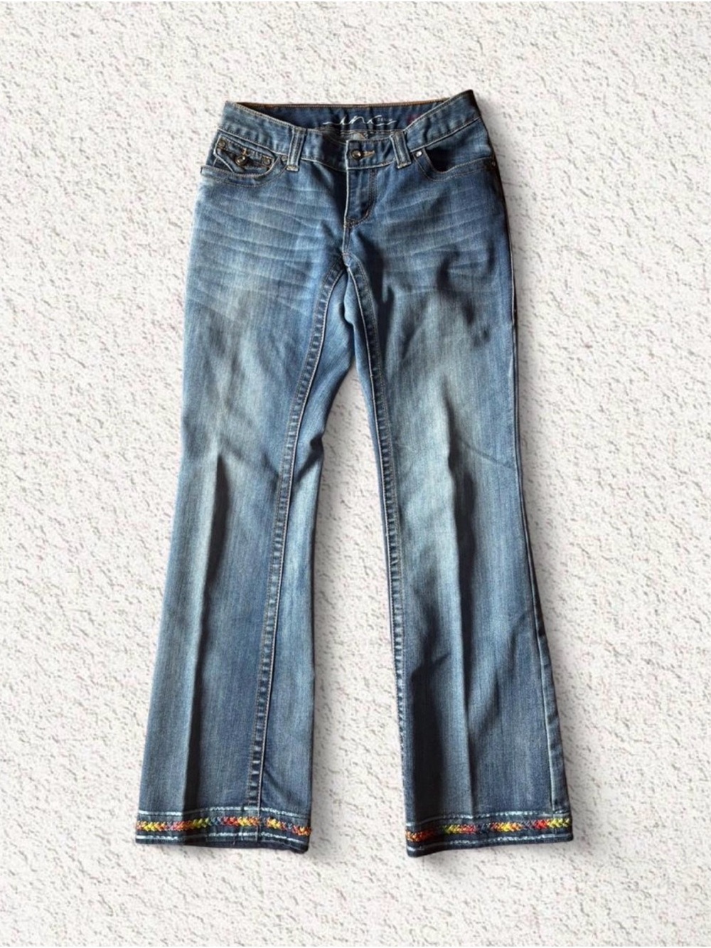Women's Blue Flared Jeans with Embroidered Hem